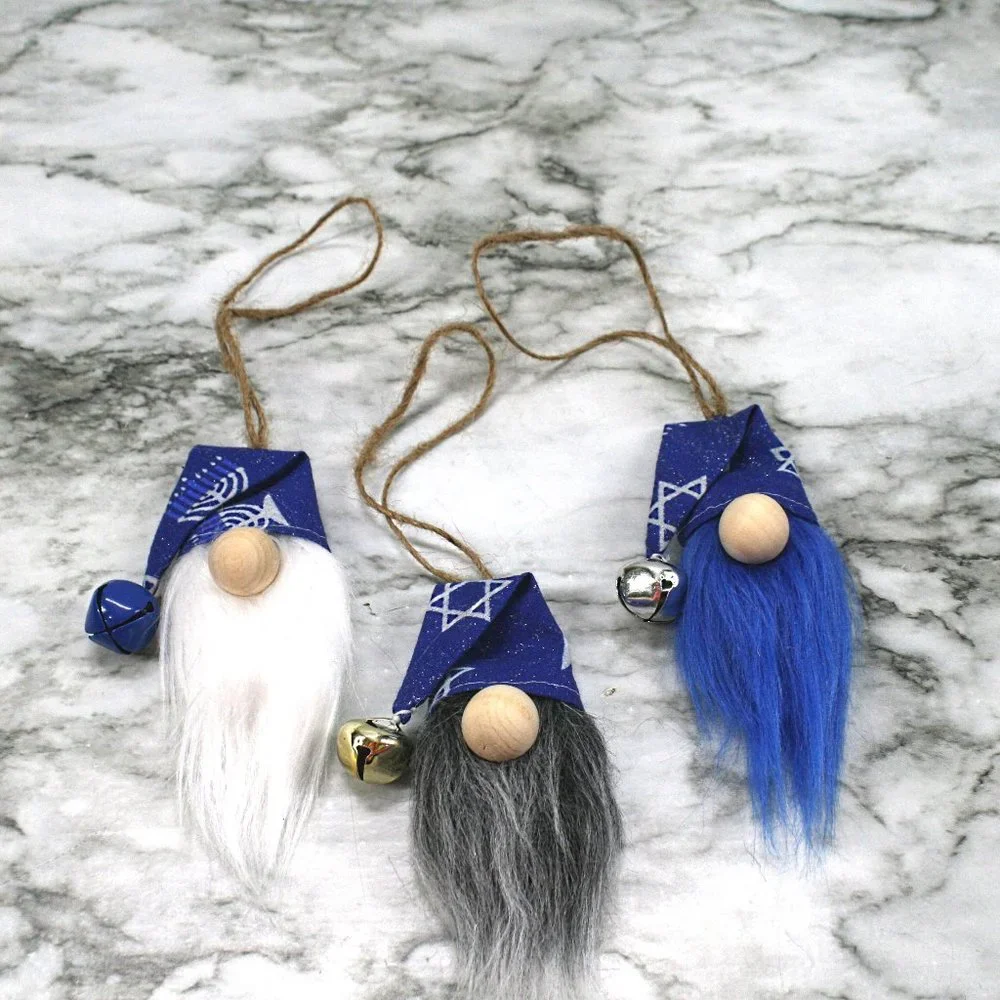 HAND CRAFTED Gnome Hanukkah Holiday Ornaments Set of 3 - Blue Stars